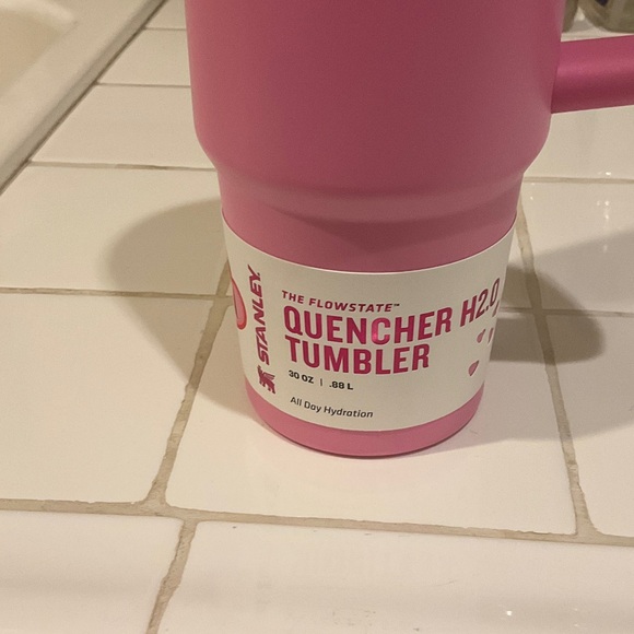 New, Stanley Pink Heart-Patterned Tumbler with Red Straw Topper - Picture 2 of 3